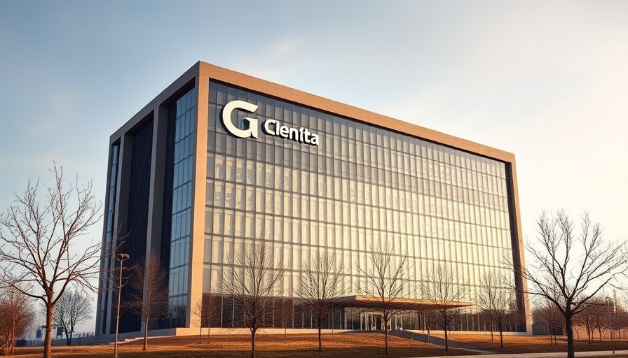 Modern corporate building with logo, payroll management context.