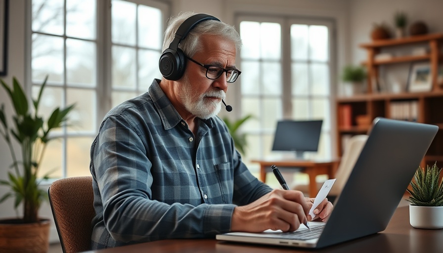 Older man using headphones and writing notes in a cozy home office.