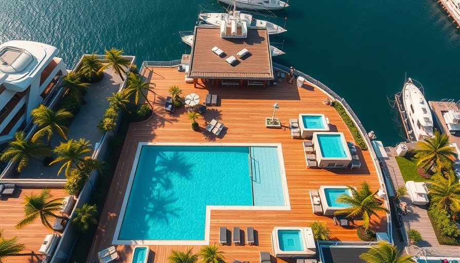 Aerial view of Long Beach Yacht Club expansion with pool and decks.