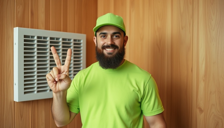 Man with neon shirt near hydronic heating vent on wooden wall
