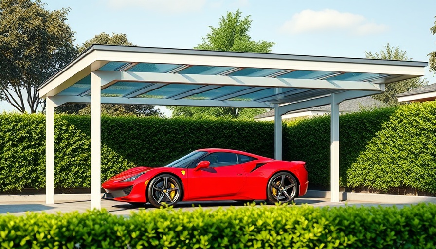 Sleek modern carport with red sports car in a lush green setting.