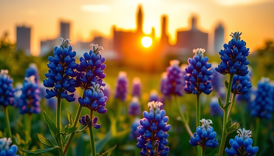 Vibrant bluebonnets with Houston skyline in spring, showcasing lush greenery and warm sunlight.