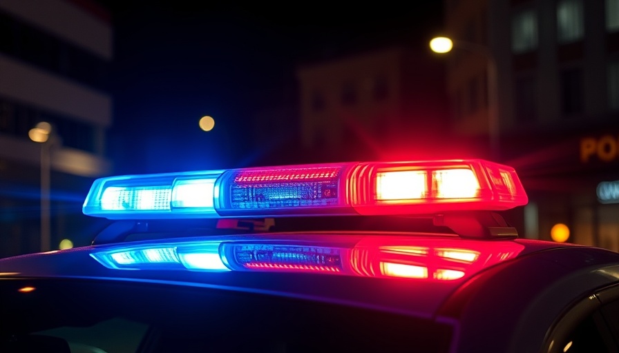 Police lights flashing on patrol car at night