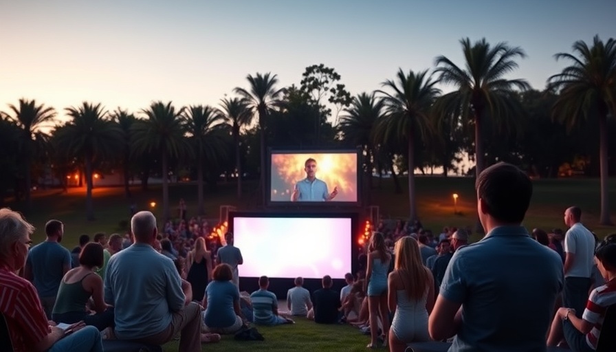 Crowd enjoying Movie Nights in the Park under the sunset.