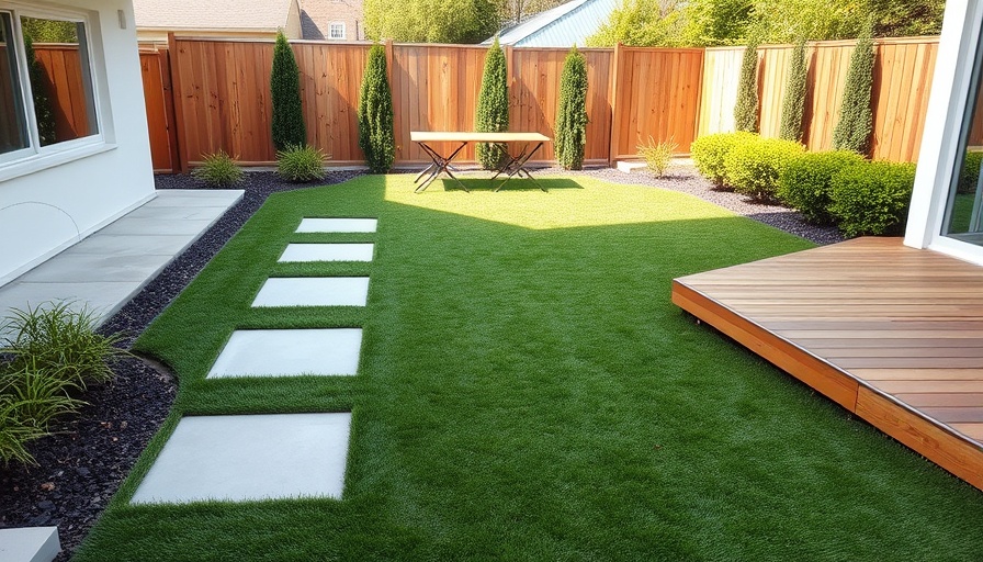 Low-maintenance landscaping design featuring artificial turf and stepping stones.