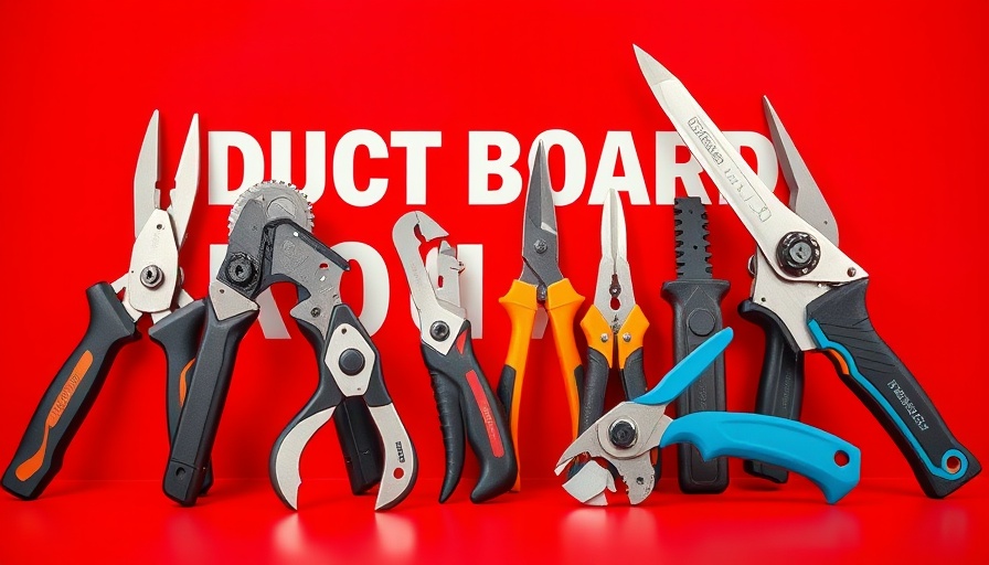 Various duct board cutting tools displayed on a red background.