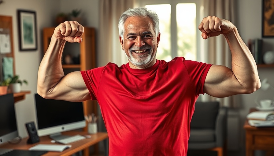 Senior man flexing muscles for isometric workout at home.