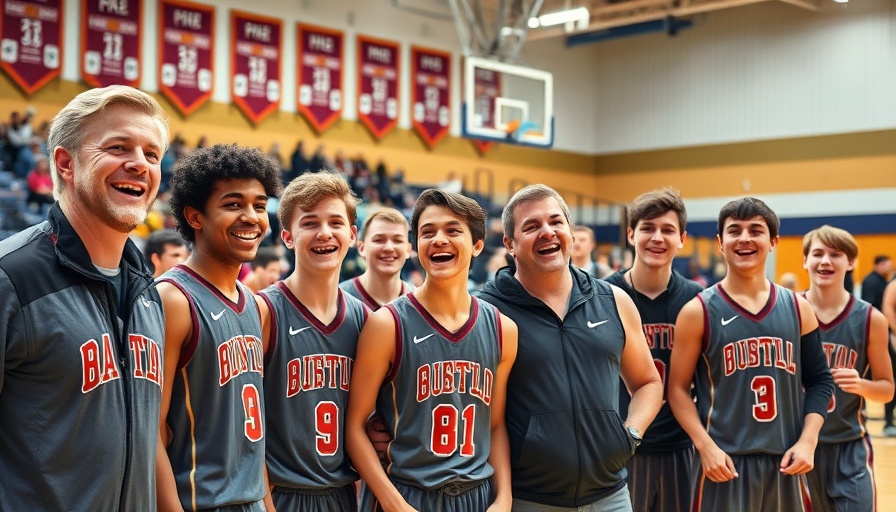 Orange County high school basketball team celebrating a victory in a gym.