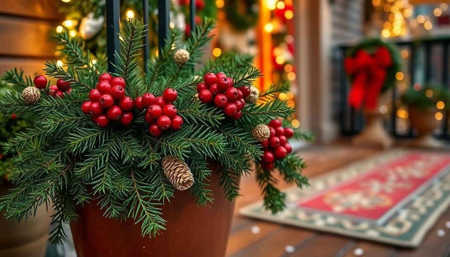 Festive Christmas porch pot with pine and berries, warm porch lighting.