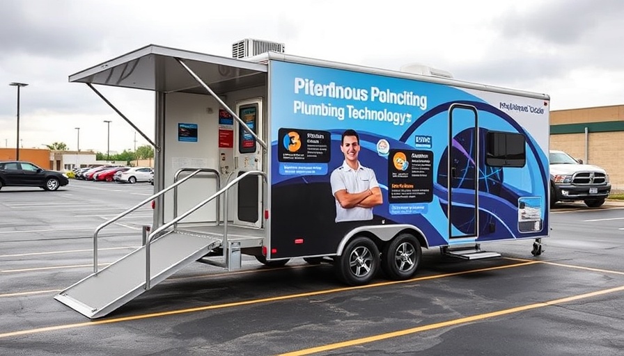 Mobile plumbing exhibit trailer with informational signs in a parking lot.