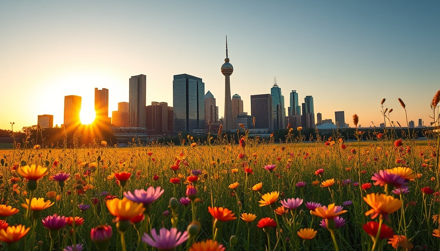 Dallas skyline with wildflowers at sunset, showcasing spring lawn beauty.