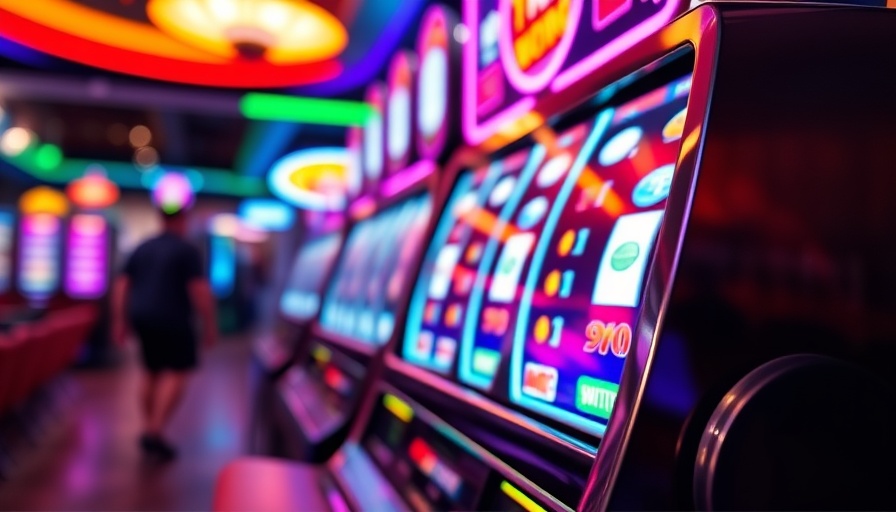 Slot machine in casino with spinning reels and colorful lights.