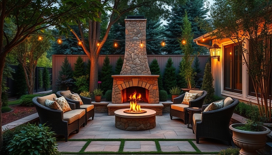 Elegant backyard seating area with fireplace, cozy evening ambiance.