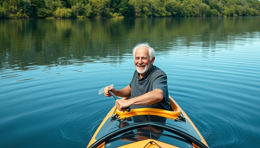 Older man enjoying kayaking on a tranquil lake, Benefits of Simplicity for Seniors.