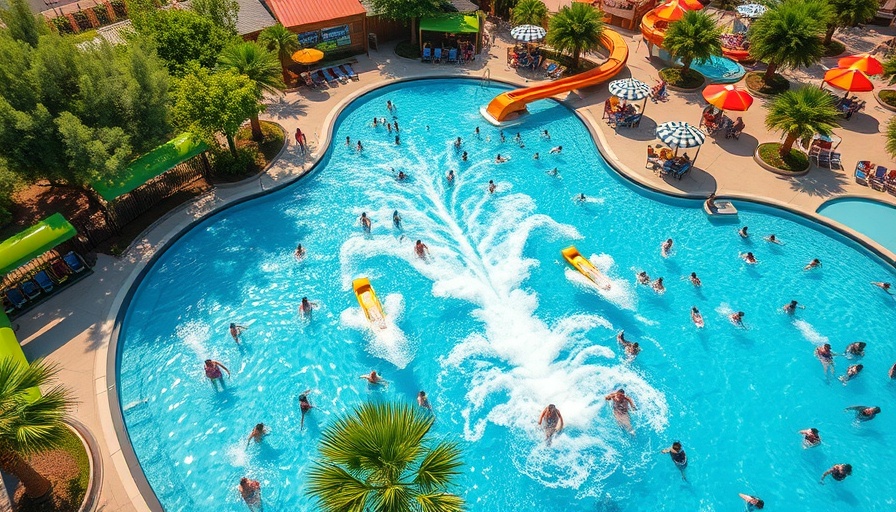 Aerial view of bustling Texas wave pool with slides and attractions.