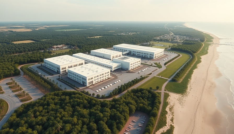 Aerial view of £10bn data hub in Northumberland near coastline.