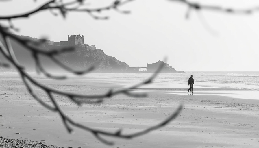 Serene beach scene with distant castle and lone beachgoer, living by the ocean makes me surf less.