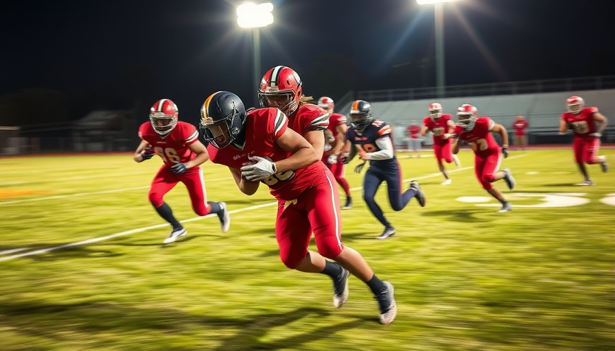 Orange High School Football player making a tackle during a night game.