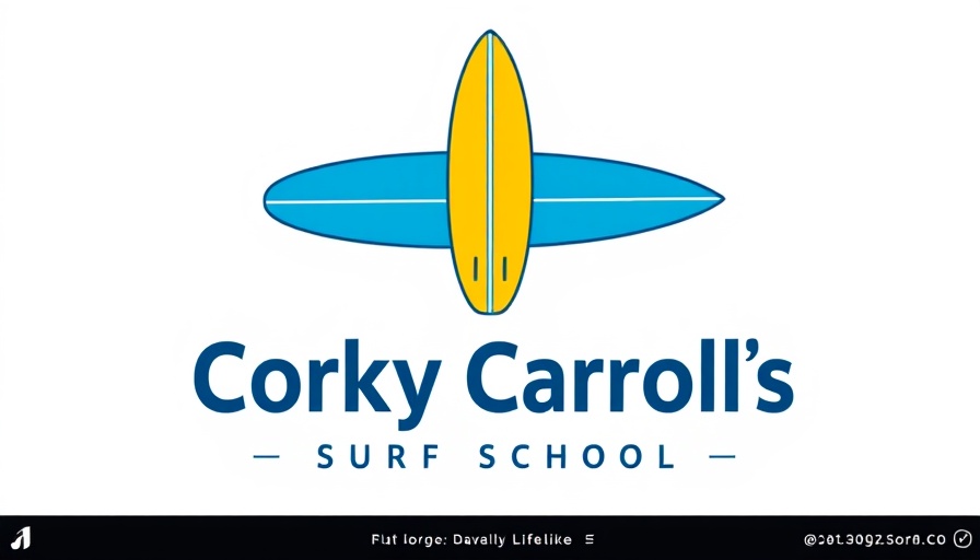 Corky Carroll's Surf School logo with stylized surfboard.