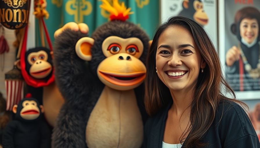 A smiling woman with Julius the Monkey, highlighting cultural impact.
