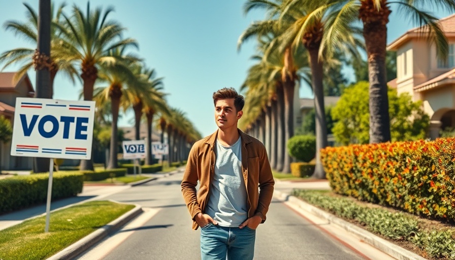 Casual young man near voting signs under clear sky.