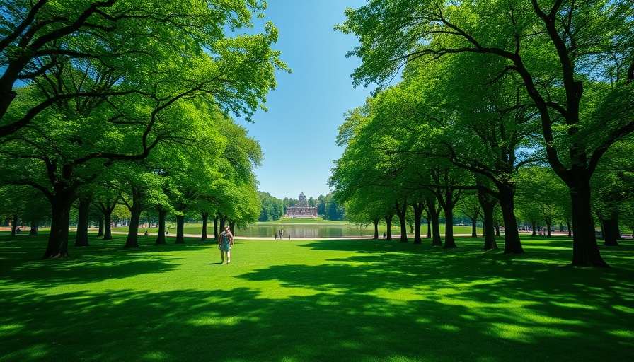 Huntington Central Park's open green field with trees on a sunny day.