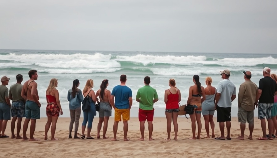Surf competition stopped by sewage spills as spectators stand on the beach.