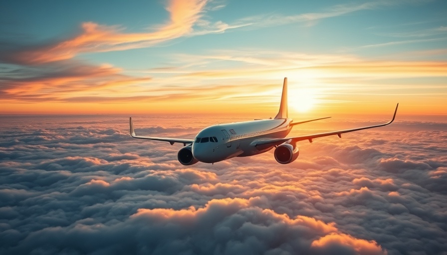 Commercial airplane in flight above sunset clouds, expansive view.