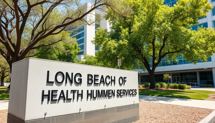 Long Beach Health Department sign amid job cuts, sunny day.
