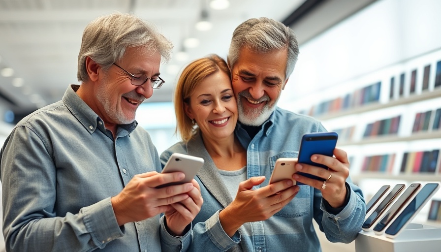 Smiling senior couple exploring new phones for seniors in a bright store.
