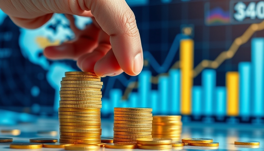 Hand stacking gold coins for Payroll Management AI, futuristic business scene.
