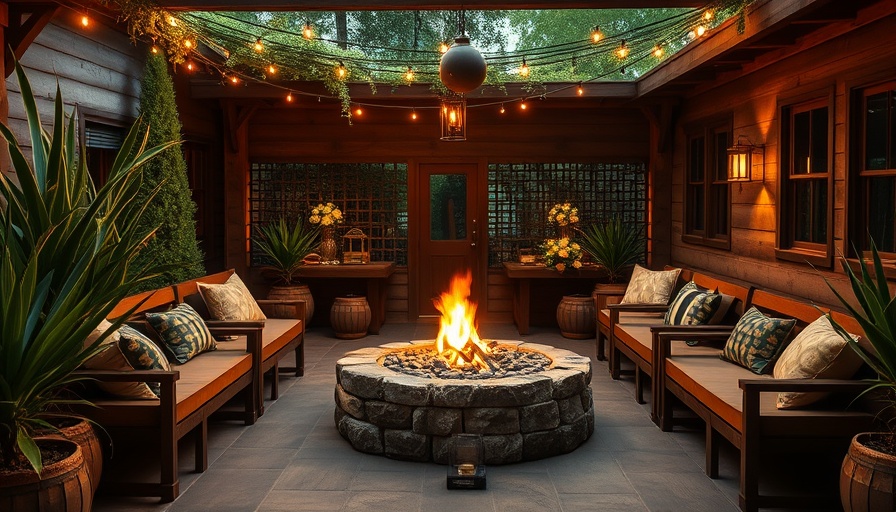 Rustic outdoor seating area with fire pit and lush greenery.