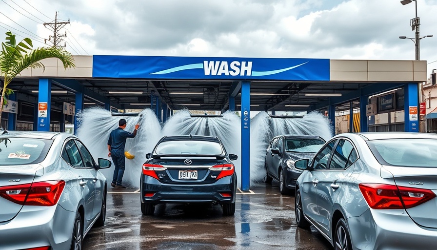 Car wash in Long Beach with blue signage, multiple vehicles.