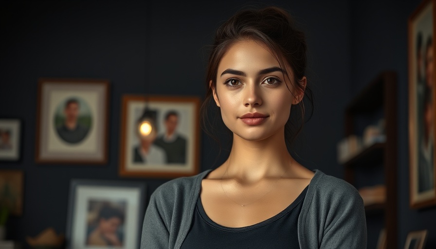 Confident young woman standing indoors in a dimly lit room.