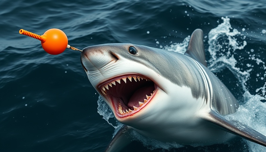 Great white shark bites orange material in ocean, shark-bite resistant wetsuits testing