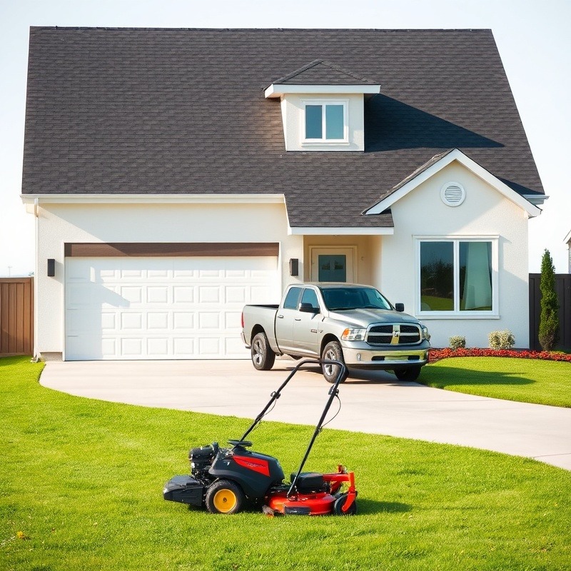 Minimalistic house illustration with truck and lawn mower, vector art style, Crown Hydration.