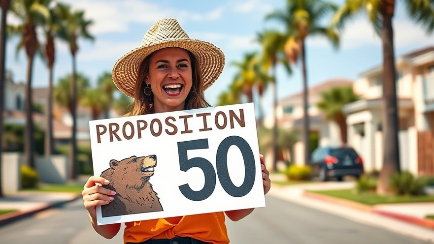 Joyful woman in straw hat with sign on Proposition 50, highlighting civic engagement in California.