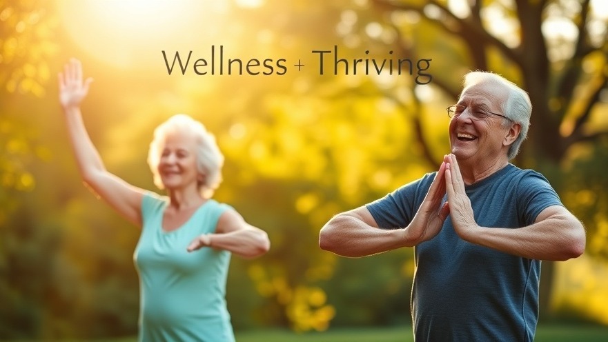 Elderly couple practicing yoga with self-care tools for wellness in a serene park.