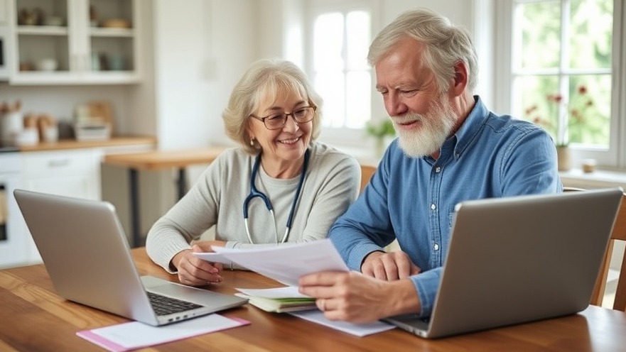 Elderly couple discussing seniors healthcare options at a kitchen table.