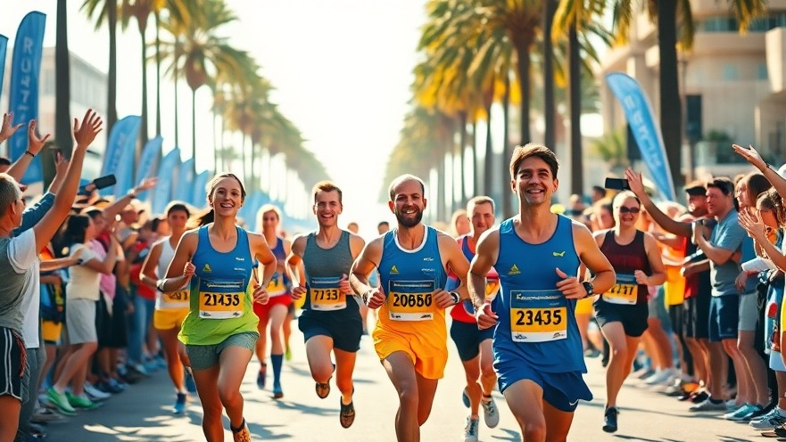 Joyful runner in shark costume at Surf City Marathon.