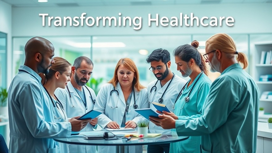 Healthcare providers collaborating with patient engagement tools in a vibrant modern setting.