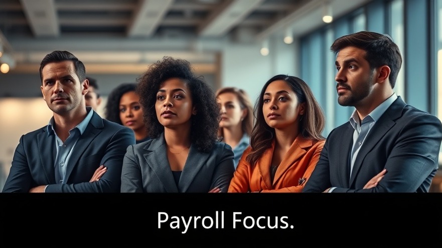 Diverse professionals discuss payroll management in a modern office, highlighting employee benefits.