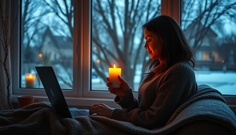 Cozy scene illustrating Long-Distance Relationships with AI, featuring a woman, laptop, and candle.
