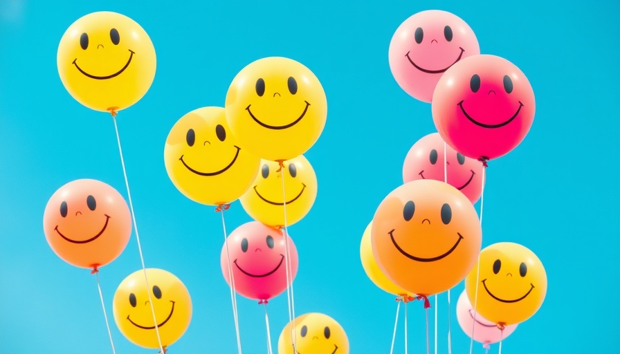 Vibrant smiley balloons against sky, symbolizing optimism.