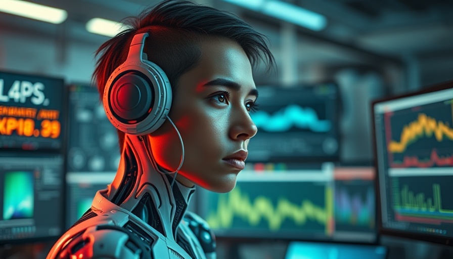 Futuristic cyborg half-human with digital workspace, showcasing future of AI in media.