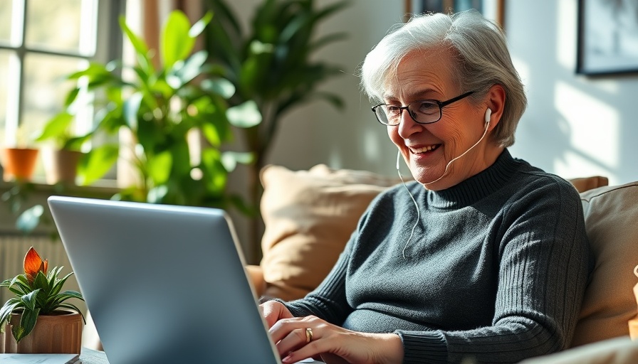 Senior woman learning Spanish online in a sunlit room.