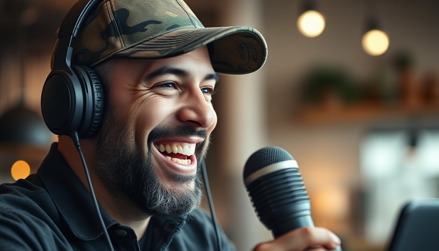Man with camo cap and headphones talking into a microphone