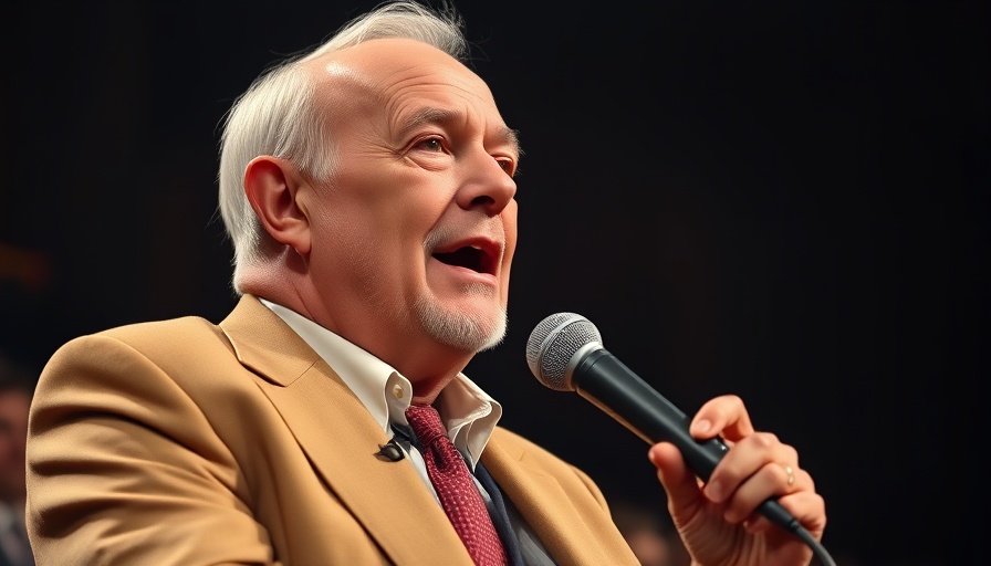 Elderly man in a tan suit speaking into a microphone in a dimly lit venue.