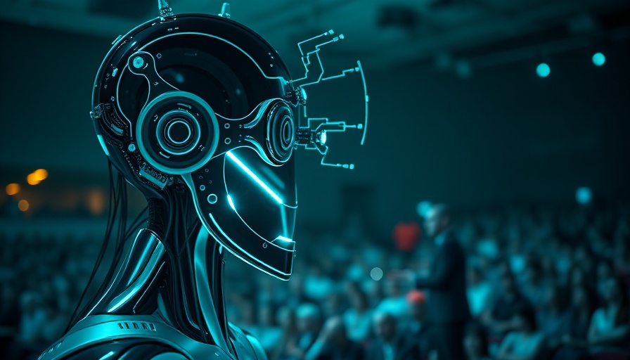 AI Technology Updates event featuring futuristic android and speaker on stage.