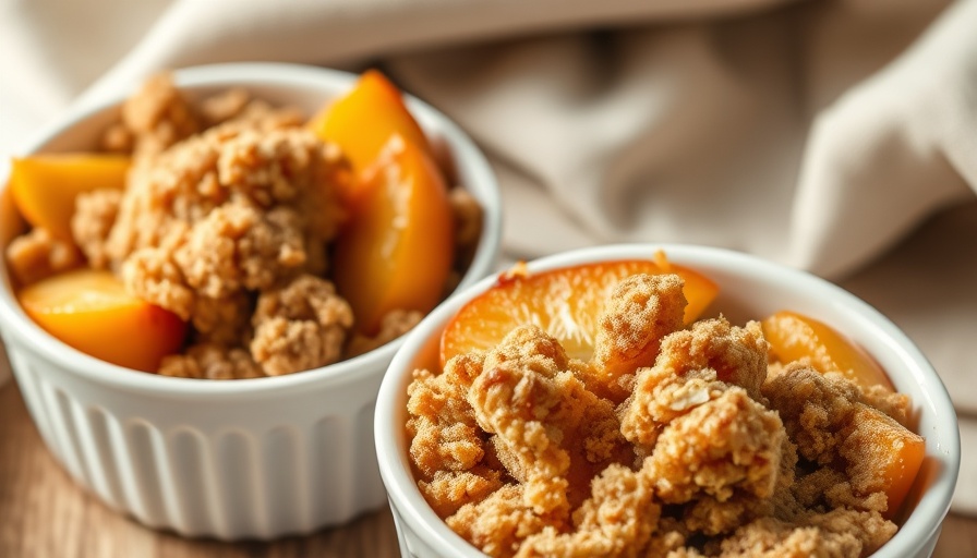 Delicious homemade peach crisp recipe in bowls, close-up view.